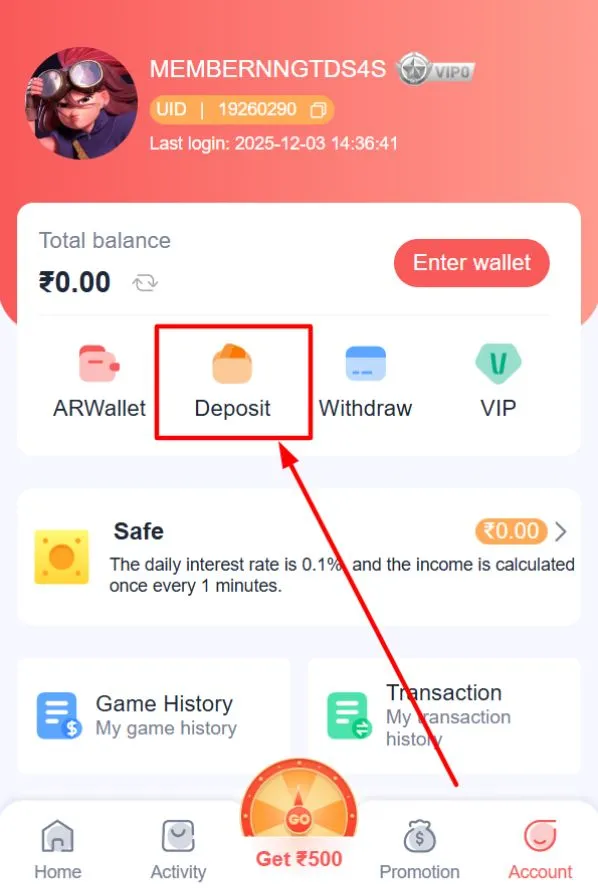 Open the Deposit option on the Account page